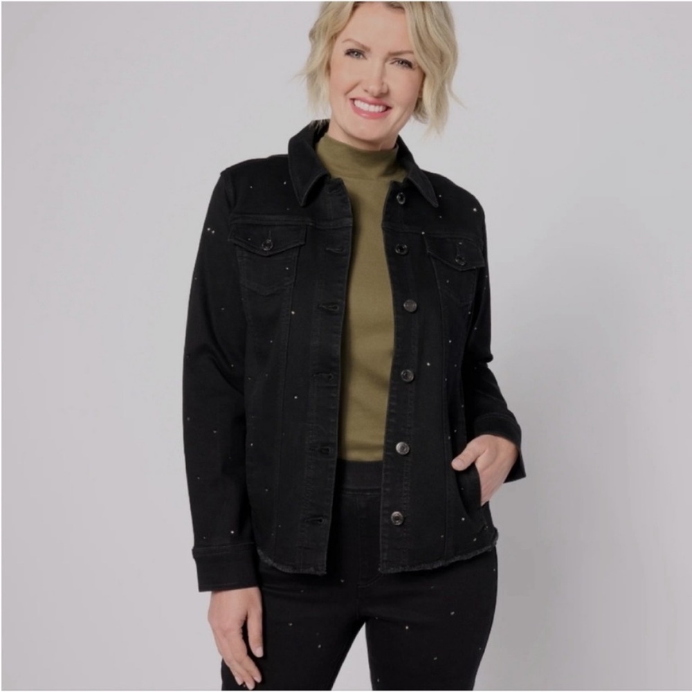Isaac Mizrahi Black Denim Jacket with small glitter embellishments.